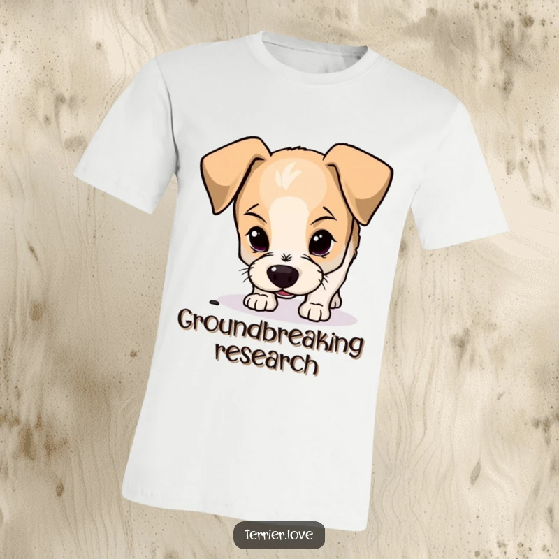 Funny terrier t-shirt featuring a curious small dog with floppy ears sniffing the ground, perfect for those who love to investigate.
