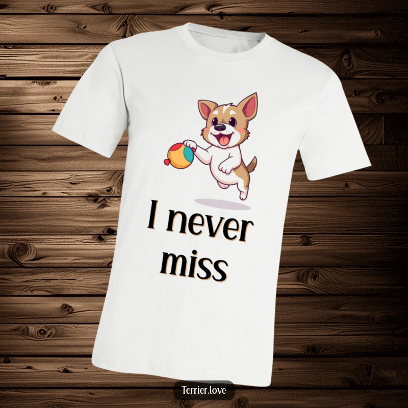 Funny terrier t-shirt depicting a dog leaping with determination to catch a squeaky toy, full of playful energy.