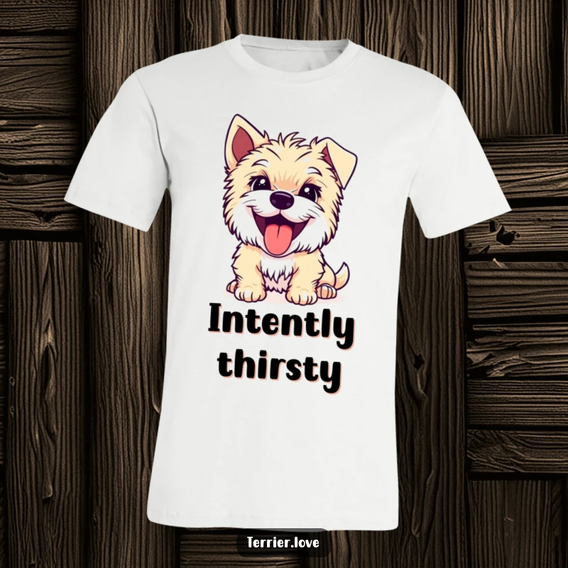 Funny Terrier t-shirt with a joyful dog whose tongue is out, looking intently at something with deep focus.