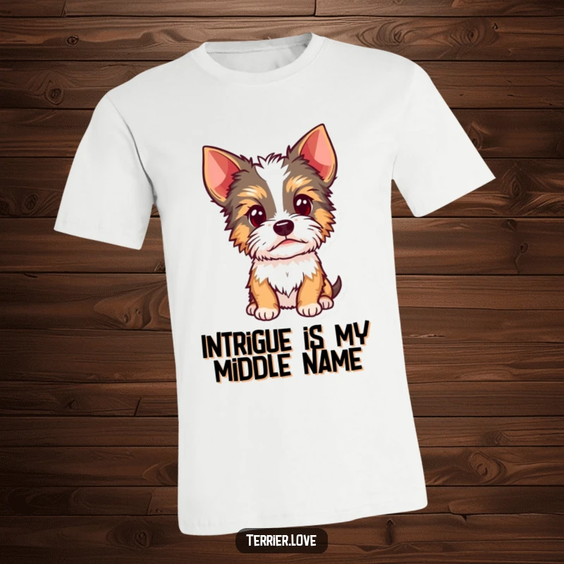 Funny Terrier t-shirt graphic of a curious dog tilting its head with alert, perked ears, capturing a moment of intense focus and engagement.
