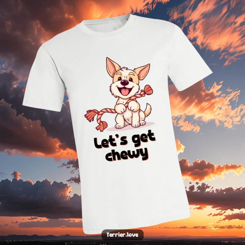 Funny terrier t-shirt depicting a cheerful dog wagging its tail while holding a rope toy, full of playful humor.