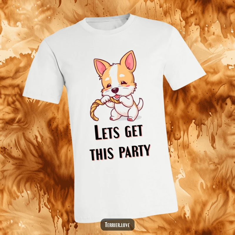 Funny Terrier T-Shirt: Playful dog character enthusiastically tugging on a rope toy, showcasing pure canine fun.