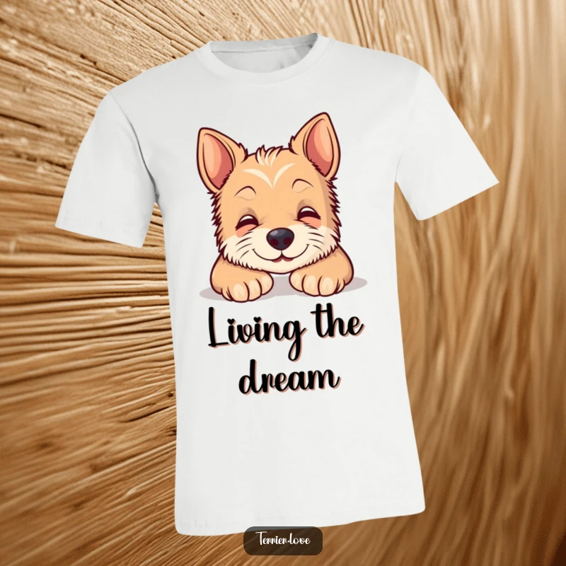 Funny relaxed terrier t-shirt with a content, smiling dog resting its head on paws, perfect for dog enthusiasts and comfort lovers.