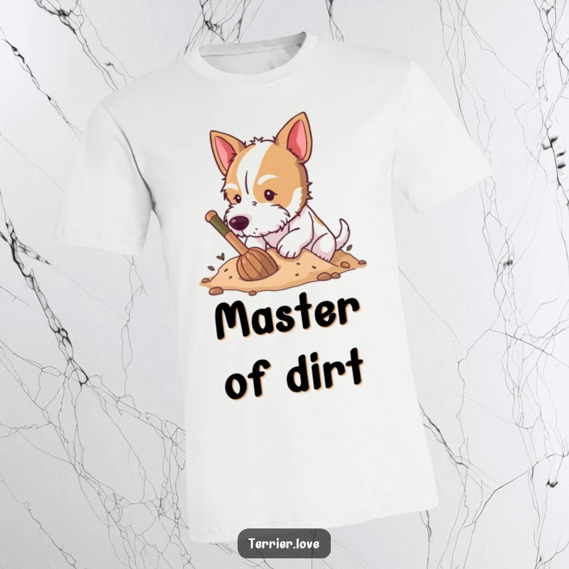 Funny T-Shirt with a terrier energetically digging in soft earth, dirt flying, embodying pure excavating delight.