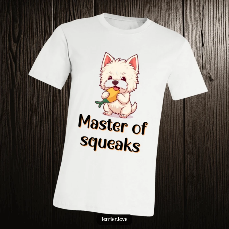 Funny T-Shirt with a fluffy terrier gleefully shaking a colorful squeaky toy, capturing a moment of maximum puppy excitement and fun.
