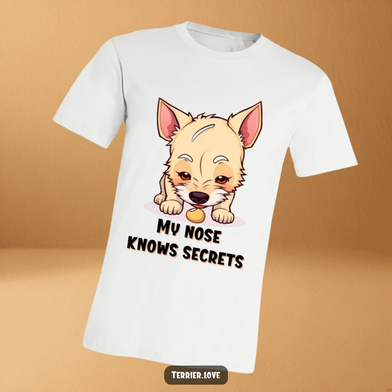 Funny terrier t-shirt showcasing a curious dog with its nose down, sniffing an intriguing small object.