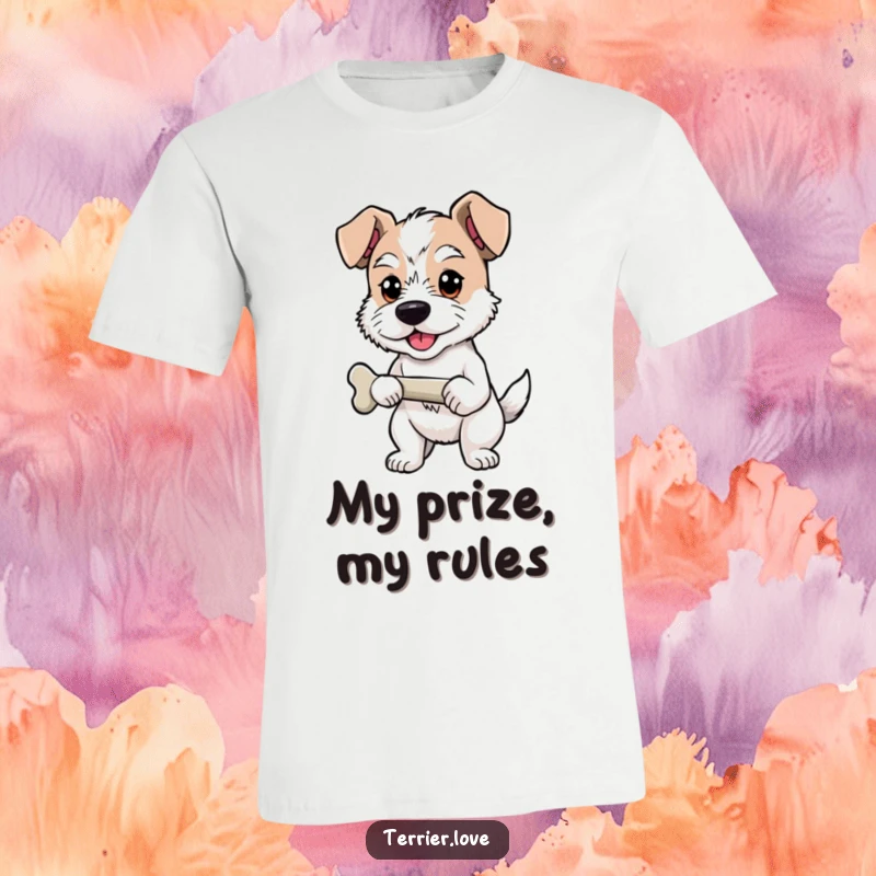 Funny T-Shirt featuring a proud terrier standing with a bone, a humorous statement of victory.