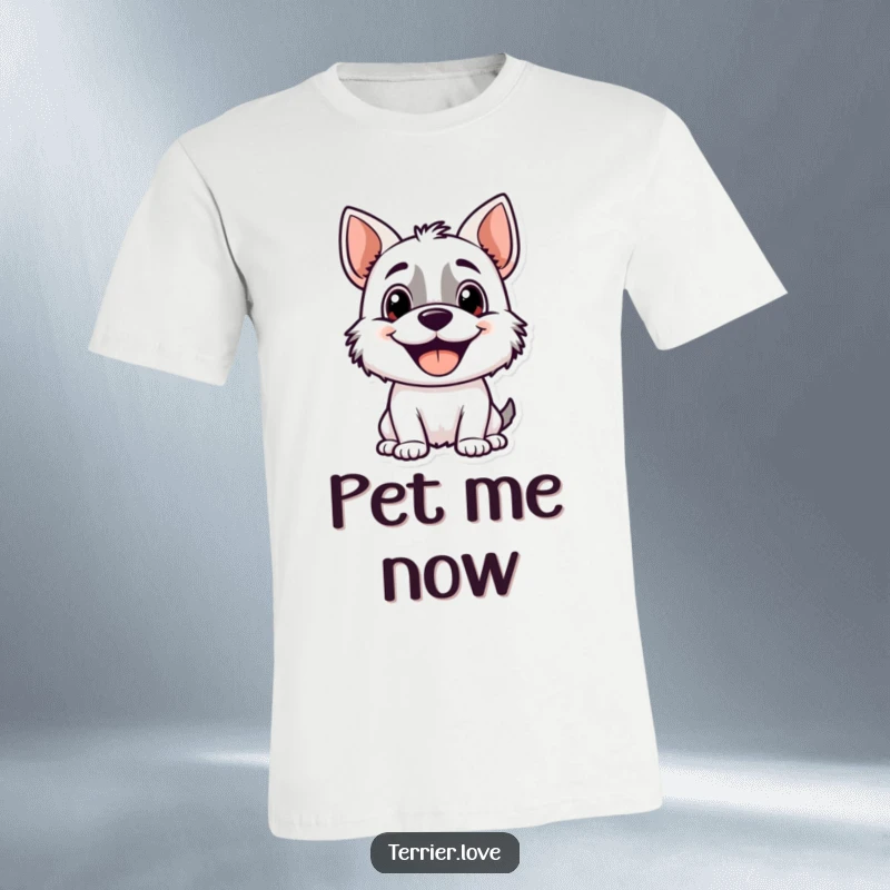Funny terrier t-shirt showcasing a happy, panting dog character with wide eyes and a huge grin, looking for attention and affection.