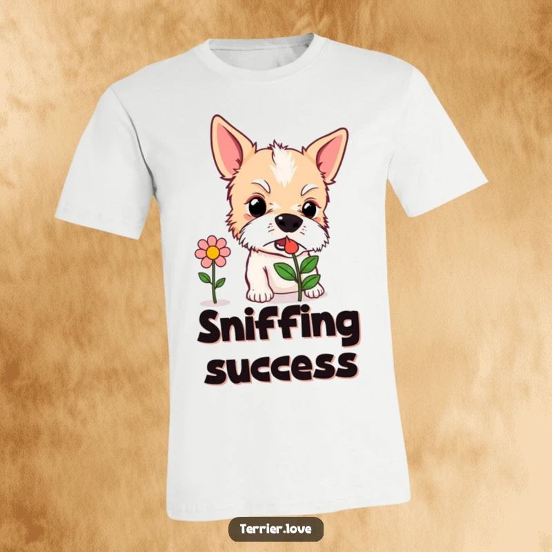 Funny T-Shirt: A terrier dog with an interested expression, sniffing a stylized flower icon, symbolizing curiosity and nature.