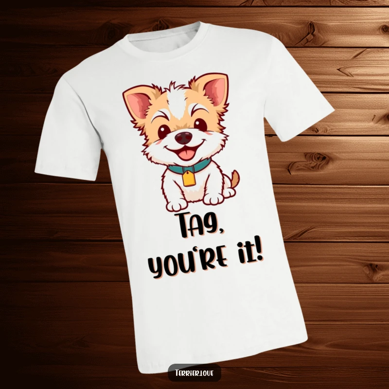 Funny Terrier Smile T-Shirt: A smiling terrier sporting a bright collar tag, showcasing pure happiness and a playful personality on soft fabric.