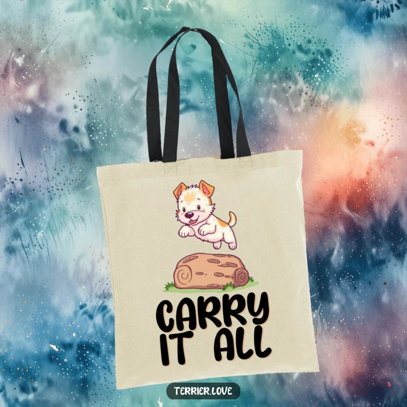 Funny Terrier Tote Bag: A playful dog leaps over a log, great for carrying essentials with a dose of humor.