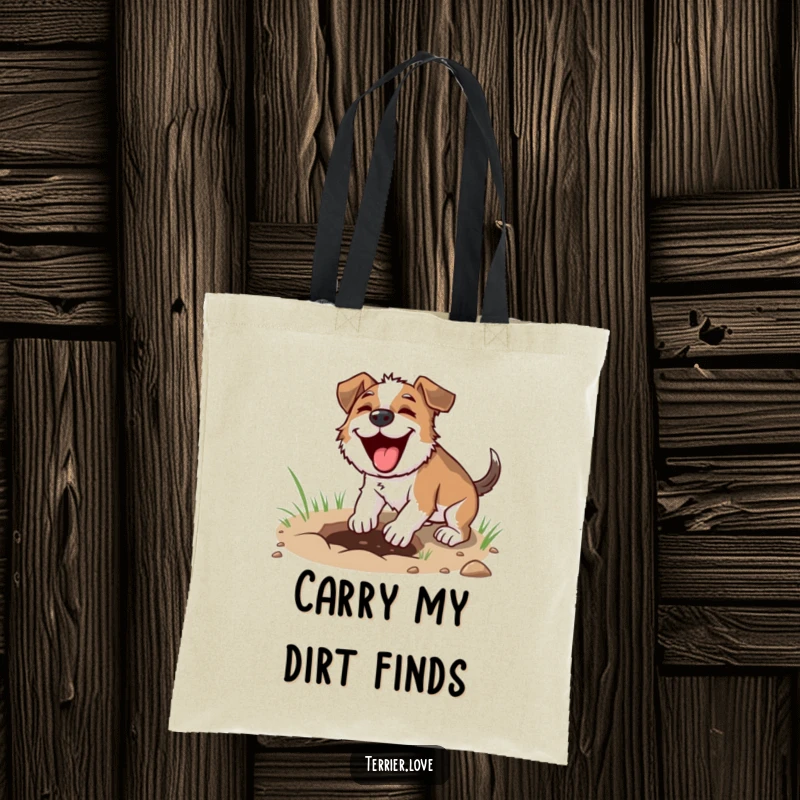 Funny digging terrier tote bag, dog digging with intensity, focused canine art, practical and humorous tote, ideal present.
