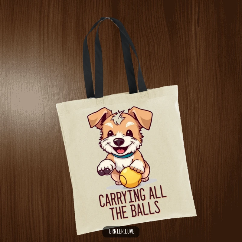 Funny tote bag depicting a happy terrier with floppy ears, enthusiastically catching a ball, ready for any task.