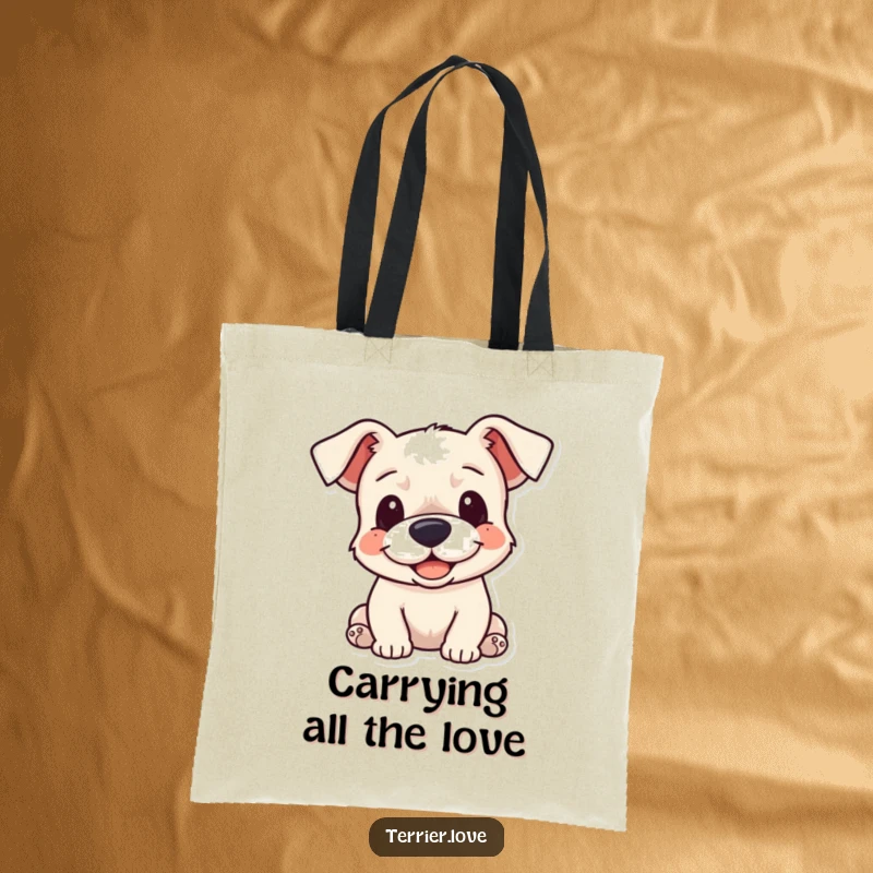 Funny Tote Bag: A charming terrier dog with its ears flopped, looking sweetly expectant and ready for a warm, affectionate cuddle.