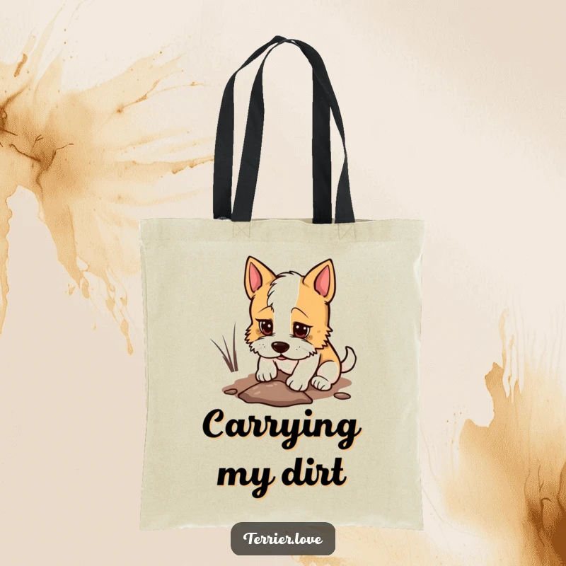 Funny Tote Bag with a determined terrier digging a small hole, a humorous and practical accessory for doers.
