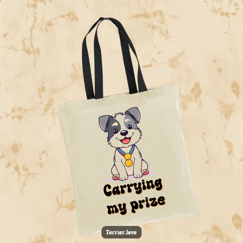 Funny Tote Bag showcasing a happy terrier sitting regally with a prominent medal, symbolizing a proud accomplishment.