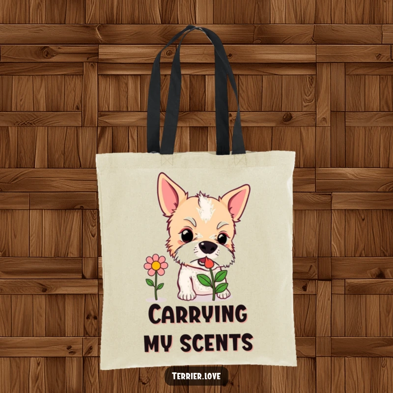 Funny Tote Bag: A curious terrier dog intently sniffing a stylized flower icon, depicting a love for nature and discovery.
