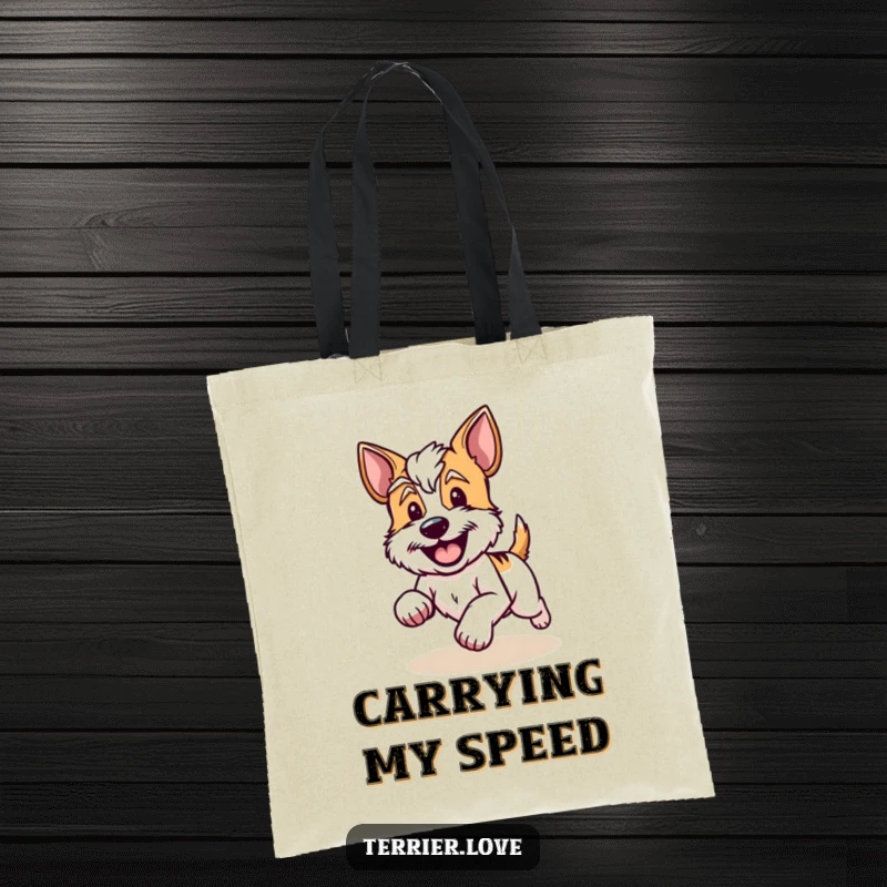 Funny Tote Bag showing a terrier running with a big happy wagging tail, full of life and excitement.