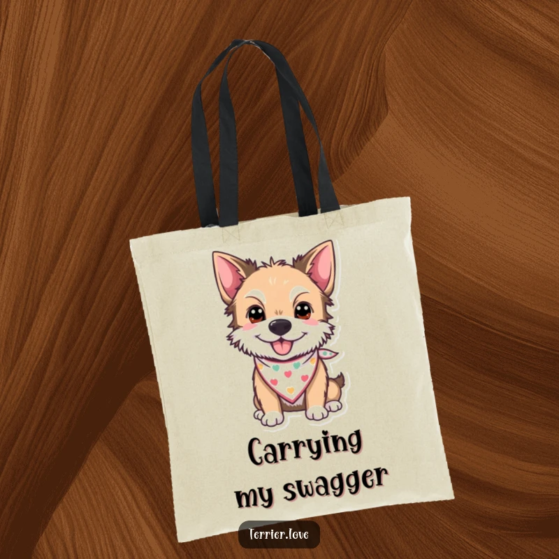 Funny Tote Bag showcasing a cheerful terrier wearing a tiny bandana, looking fashionable and ready for errands.