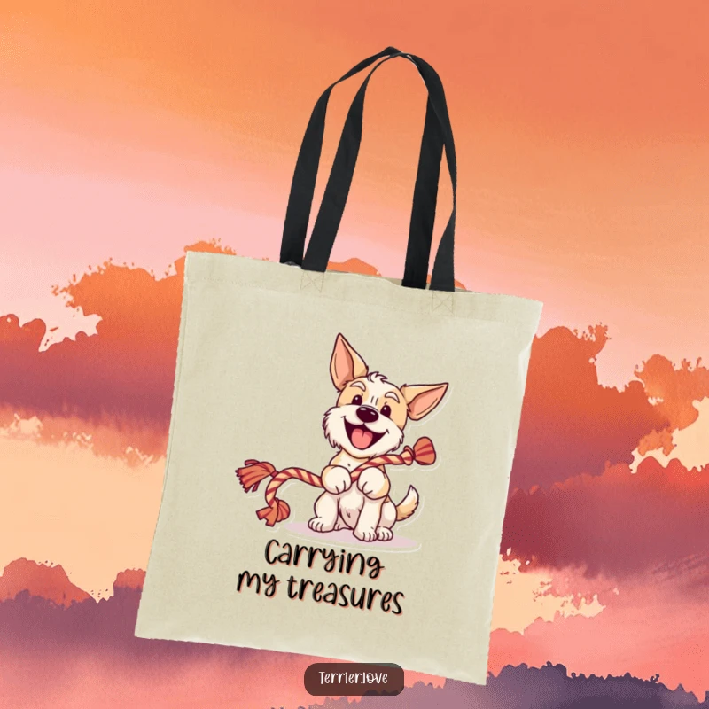 Funny terrier tote bag featuring a cheerful dog wagging its tail and holding a rope toy, perfect for carrying items with humor.