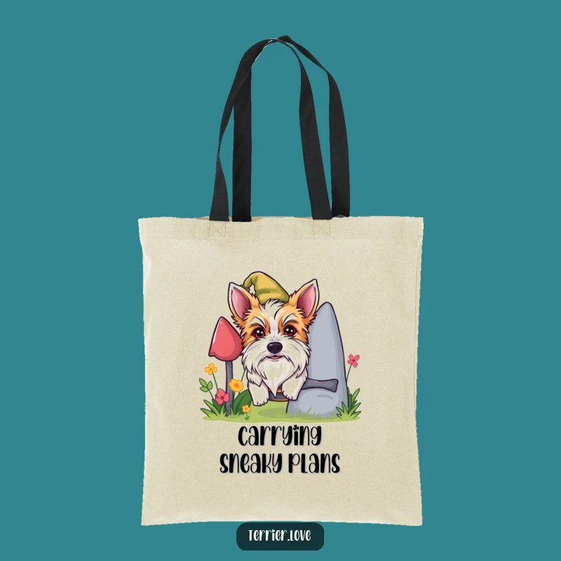 Funny Mischievous Terrier Tote Bag - Gnome Peeking Dog Carryall, Prank Gift