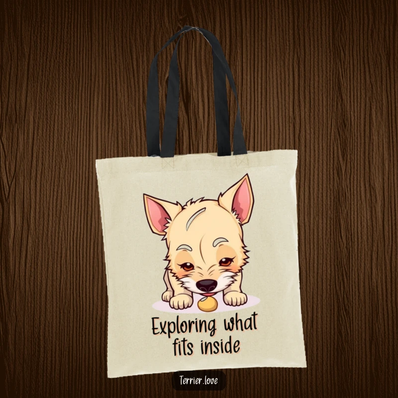 Funny terrier tote bag featuring a curious dog sniffing an intriguing small object, a companion for discovery.