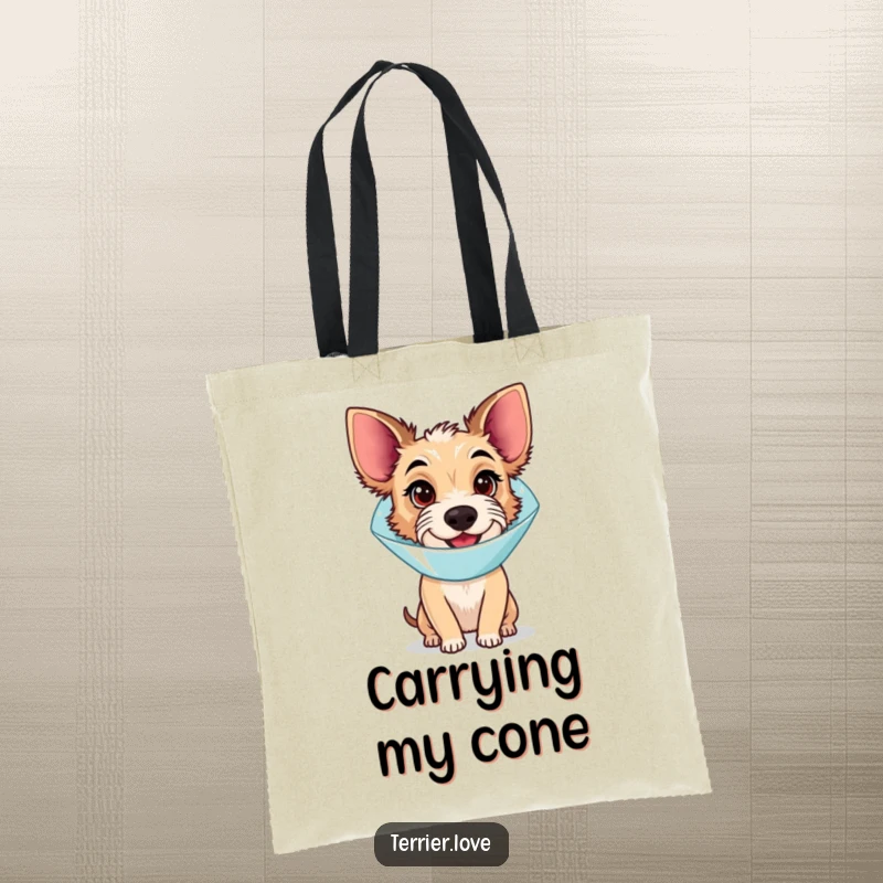 Funny Tote Bag: A terrier dog wearing a recovery cone, with a slightly bewildered expression but a happy vibe.