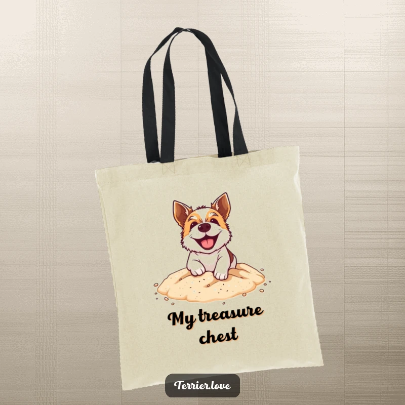 Funny Tote Bag: A grinning terrier dog enthusiastically digging in a small sandpit, capturing the essence of playful excavation.