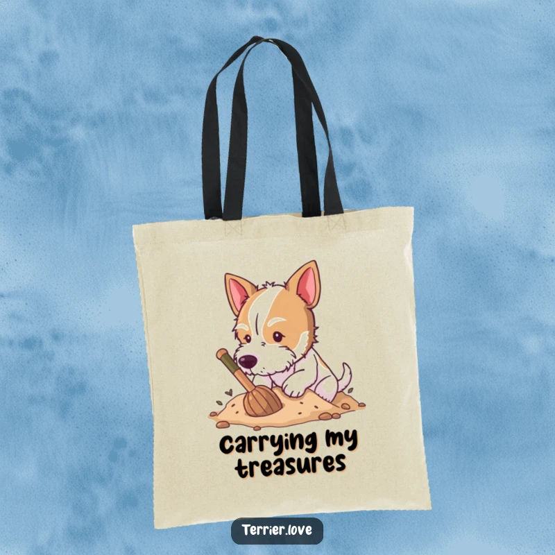 Funny Tote Bag showing an energetic terrier digging enthusiastically in soft earth, covered in soil.