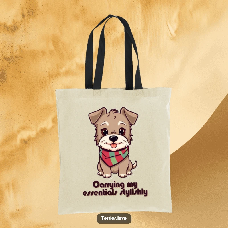 Funny terrier tote bag with a happy, alert dog sporting a scarf, ideal for stylish and cheerful carrying.
