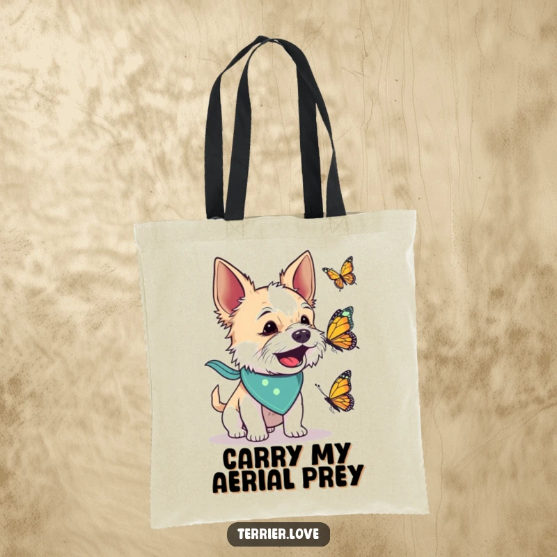 Funny tote bag featuring a terrier dog in a bandana energetically barking at a butterfly, perfect for carrying items with a playful vibe.