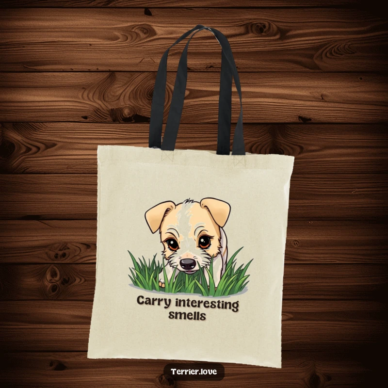Funny terrier tote bag with a dog having a curious gaze as it sniffs grass, embodying playful investigation and nature exploration.
