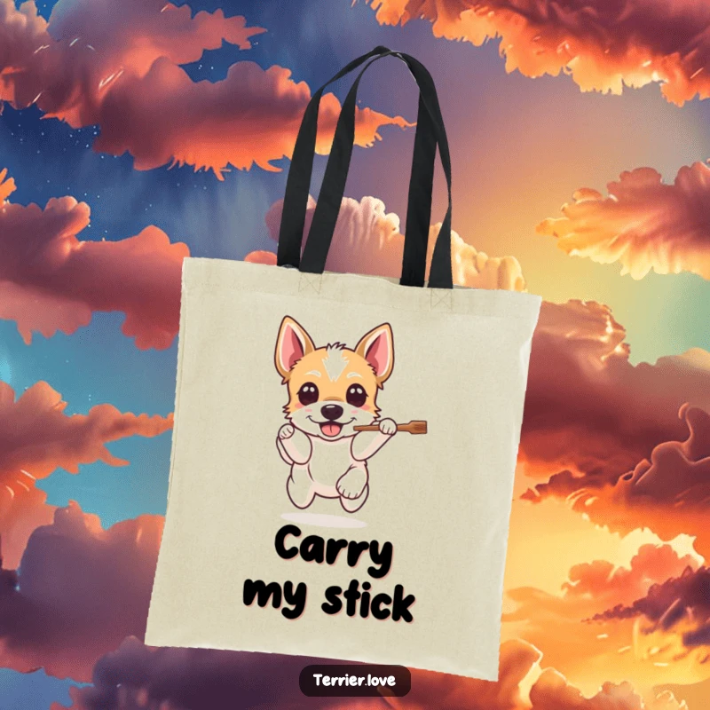 Funny Terrier Fetch Tote Bag: A happy dog leaps for a stick, a humorous and practical accessory for dog lovers who enjoy fetch.