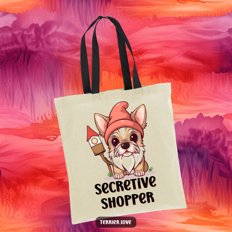 Funny Terrier Tote Bag: A curious dog peeks from behind a gnome, a humorous and practical accessory for dog lovers.