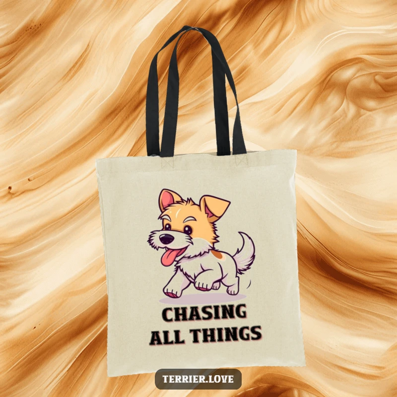 Funny tote bag showcasing a happy, panting terrier in a circular chase after its tail, adding humor to everyday tasks.