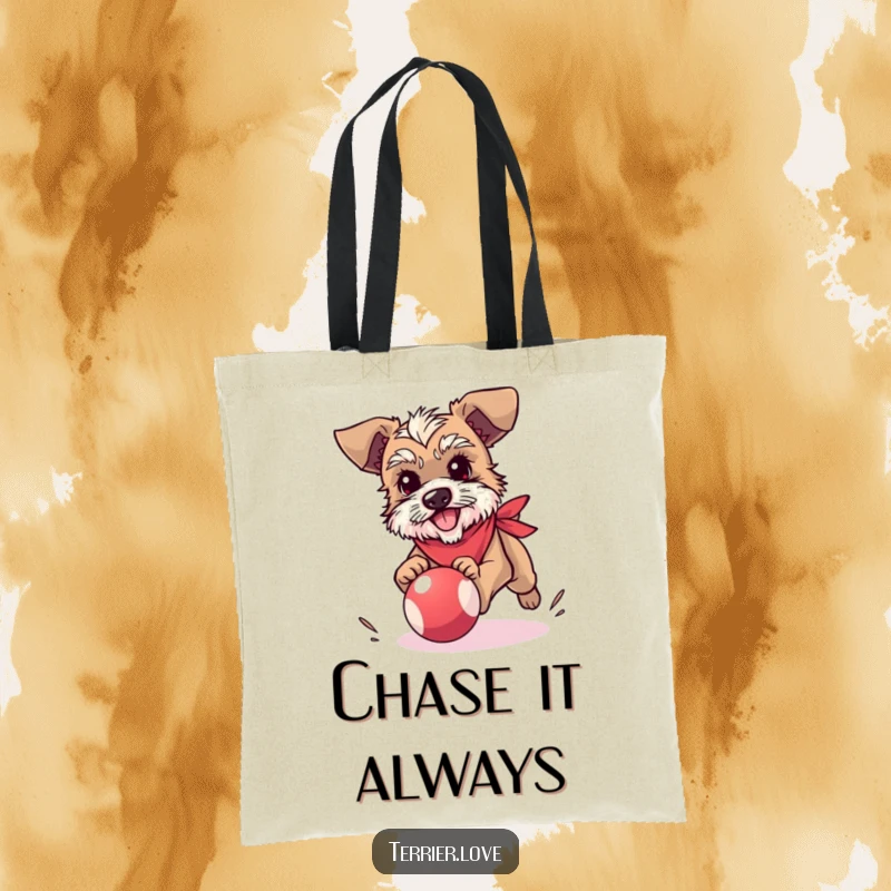 Funny terrier tote bag featuring a small dog wearing a bandana, enthusiastically chasing a bouncy ball, ideal for everyday use.