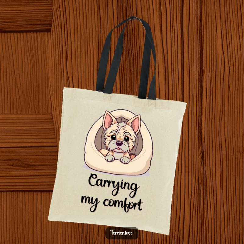 Funny terrier tote bag featuring a dog peeking from a cozy dog bed, symbolizing comfort, relaxation, and a touch of playful contentment.