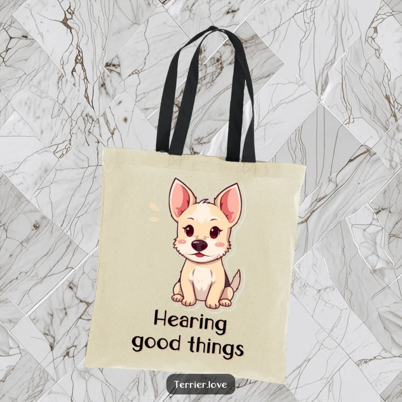 Funny terrier tote bag featuring a dog with ears sharply perked, listening intently, perfect for carrying daily essentials with a humorous touch.