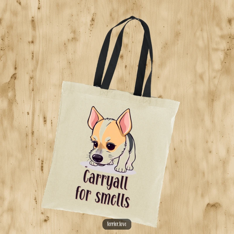 Funny tote bag with a curious terrier intensely sniffing the ground, its focused expression highlighting a deep investigation.