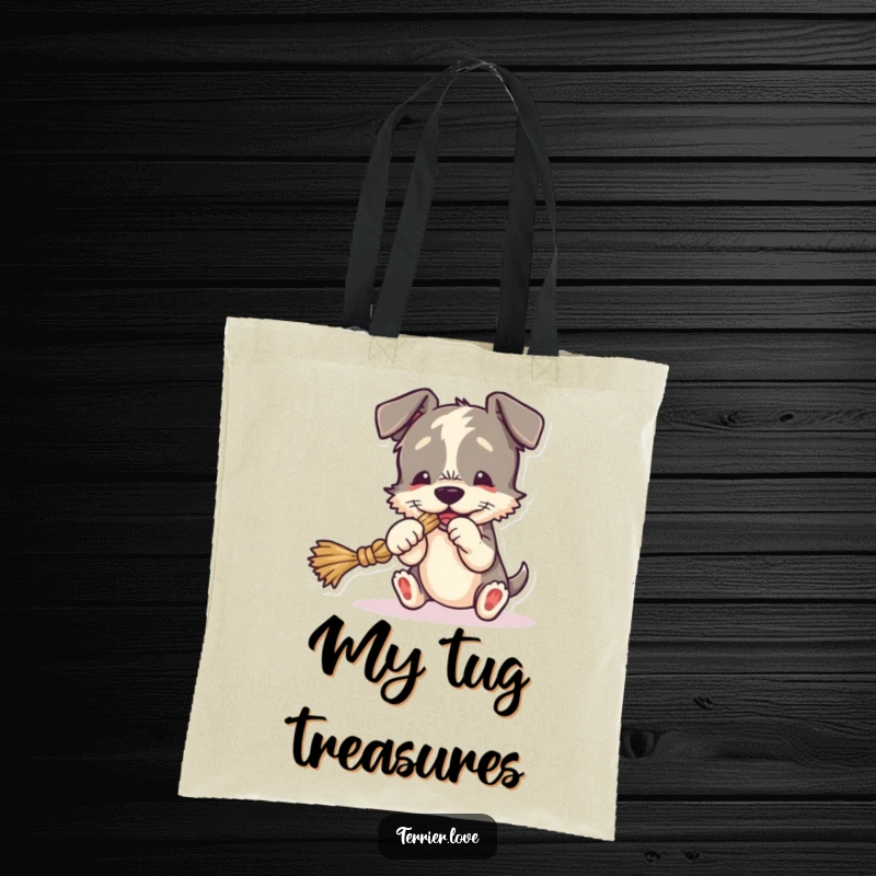 Funny Tote Bag with a terrier playing tug-of-war with a rope toy, a humorous and practical accessory.