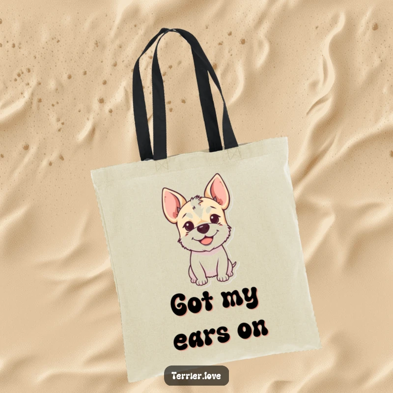 Funny Tote Bag featuring a smiling terrier with its beloved floppy ears perked up, ready to carry your essentials with cheer.