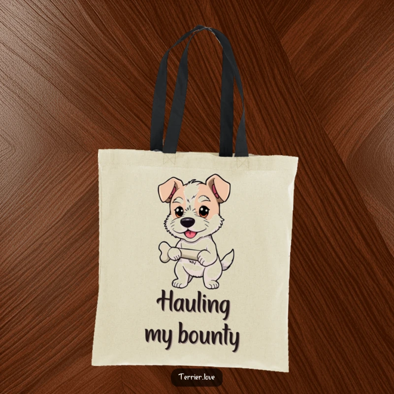 Funny Tote Bag with a proud terrier standing with a bone, a humorous accessory for proud owners.