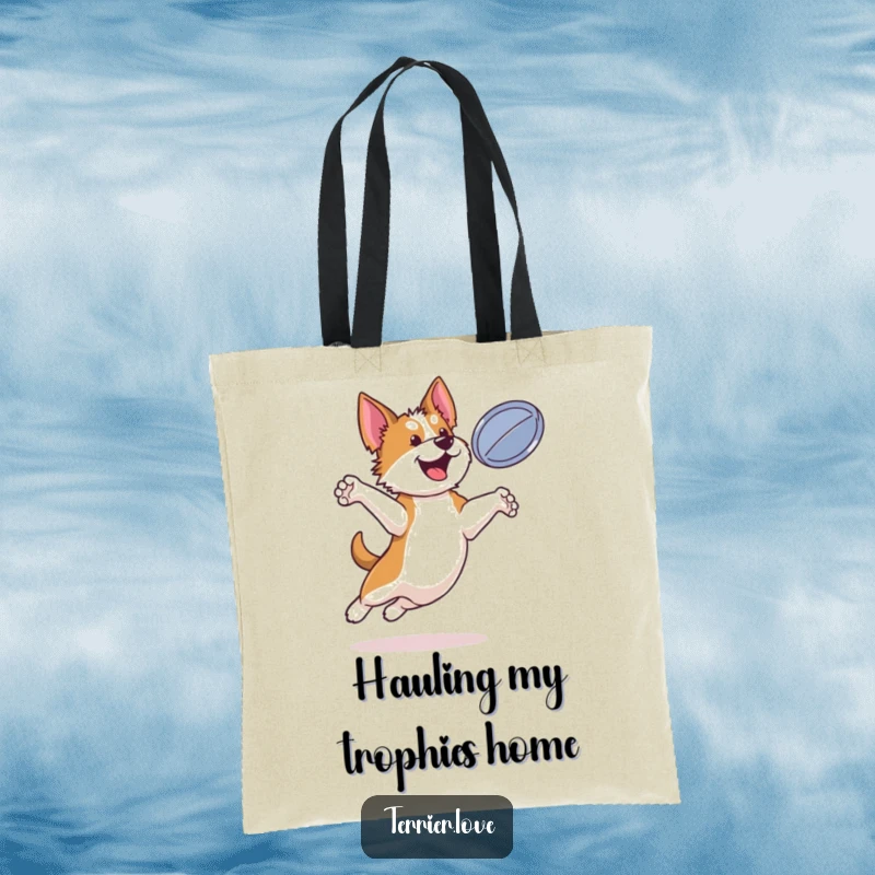 Funny terrier tote bag illustrating a bouncy dog mid-air, leaping to snatch a flying disc with enthusiasm.