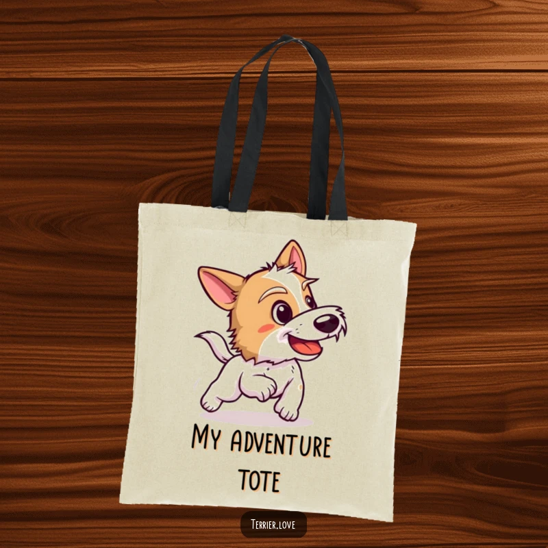 Funny terrier tote bag featuring a dog barking playfully, embodying excitement and the spirit of chasing fun and adventure.
