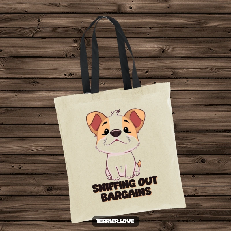 Funny Sniffing Terrier Tote Bag: Excited dog character with nose up, eagerly sniffing, ideal for carrying adventure gear.